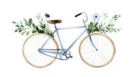 Vintage blue bicycle with wooden handlebars and basket of white and blue flowers with green foliage, isolated on white background.