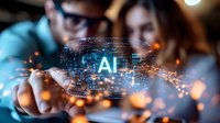 Diverse business team examining holographic AI visualization with glowing particles and network connections in modern office environment.