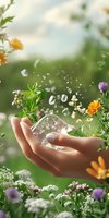 Female hand with crystal and wildflowers in magical garden setting, water drops and ice crystals floating in air against soft natural bokeh background.