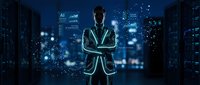 Professional businessman silhouette with crossed arms surrounded by glowing AI interface elements and digital network connections in futuristic cityscape.