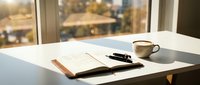 Workspace desk with open notebook, pen, and coffee cup by window with natural light and blurred outdoor view, suitable for business, productivity, and office design projects.