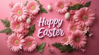 Pink gerbera daisies and decorated eggs create festive Easter composition with white calligraphy greeting on rosy background. Spring holiday floral arrangement.