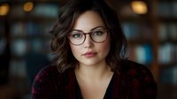 Young Caucasian businesswoman wearing glasses and burgundy sweater looking confidently at camera against blurred office background with soft bokeh lighting.