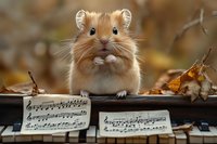 Adorable ginger hamster sitting on piano keys with musical notes and autumn leaves, creating whimsical scene against warm brown background.