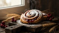 Freshly baked cinnamon roll with cranberries and powdered sugar on rustic wooden board with wheat stalks for bakery menu design and food photography.