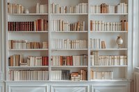 Elegant white bookshelf with vintage and antique books in neutral tones, perfect for library, study room or home interior design background. Classic home decor with literary atmosphere.