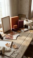 Cozy autumn workspace with colorful gift boxes, knitted blanket, coffee cup and fall leaves on rustic wooden table by window for seasonal branding projects.