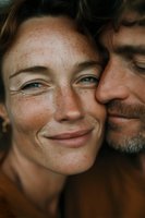 Close-up portrait of happy mature couple with freckles smiling together, showing love and intimacy in warm natural light for relationship concepts.