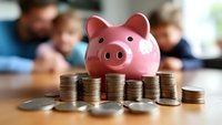 Pink ceramic piggy bank with stacks of coins arranged in ascending order, symbolizing financial growth, savings and money management concept.