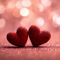 Two red glittery hearts on sparkling surface with soft bokeh lights background for Valentine's Day romance celebration and love themed designs.