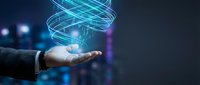 Businessperson holding glowing digital data streams and network connections, representing technology innovation, cloud computing, and data management solutions for corporate environments.