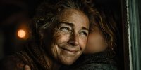 Mature Caucasian woman with curly gray hair smiling warmly while embracing young child, showing intergenerational love and family bonding in cozy indoor setting.