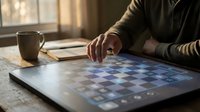 Person playing chess on digital tablet with coffee cup in warm sunlit room creating cozy strategic gaming atmosphere for leisure and mental challenge.