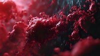 Red microscopic particles floating in dark space with dramatic lighting and depth of field effect create atmospheric scientific visualization.