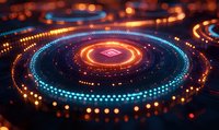 Glowing neon circles with orange and blue lights creating futuristic concentric patterns against dark background, abstract digital technology concept.