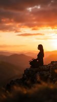 Woman meditating in lotus pose on mountain cliff during golden sunset with dramatic orange sky and mountain silhouettes for wellness and mindfulness content.