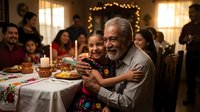 Hispanic grandfather with gray beard hugging young granddaughter at family birthday celebration with cake and warm lighting in cozy dining room.