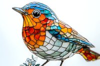 Colorful stained glass robin bird design featuring vibrant orange breast and blue wings in mosaic style pattern on white background, artistic nature illustration.