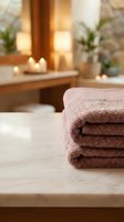 Folded brown towels on marble counter in spa bathroom with candles, plants, and warm lighting for relaxation and wellness design projects.