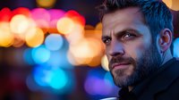 Handsome bearded middle-aged Caucasian man in dark jacket against colorful bokeh city lights at night. Urban lifestyle portrait for advertising campaigns.