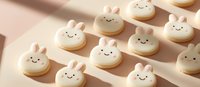 Sweet bunny-shaped macarons with cute smiling faces arranged in rows on pink surface, creating playful pattern of white rabbit cookies for Easter or children party.