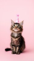 Adorable Maine Coon kitten wearing striped party hat on pink background for birthday celebration greeting cards and pet party invitations.