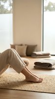 Bare feet of a woman in linen pants resting on a jute rug in a calm, minimalist room with natural light and neutral tones.