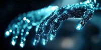 Glowing digital wireframe hand reaching out against dark background, illuminated with blue light particles and network connections, representing artificial intelligence.