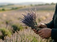 Farmer holding freshly harvested lavender bunch in field during summer harvest season, agricultural work and natural farming concept.