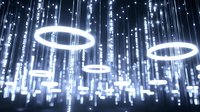 Glowing white neon rings and vertical light beams create futuristic abstract background with luminous effects and digital atmosphere for technology concepts.