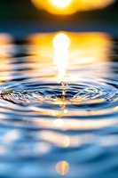 Water drop creating concentric ripples on blue water surface at sunset, with golden sun reflection creating magical bokeh effect and peaceful atmosphere.