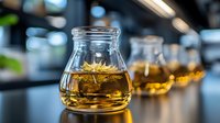 Golden herbal tea steeping in clear glass teardrop-shaped jar with floating dried flowers, selective focus on foreground with blurred background creates depth.