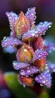 Vibrant orange and purple flower petals covered in morning dew drops creating a magical macro photography effect with natural bokeh background.