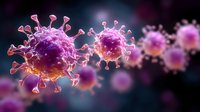 Microscopic view of coronavirus cells in pink and purple colors with detailed spike proteins floating against dark background, medical science visualization.