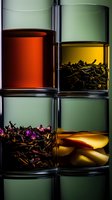 Assorted tea varieties in glass containers showing different types and colors of loose leaf tea and fruit infusions against dark background with dramatic lighting.