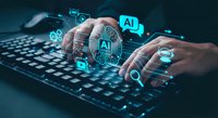 Hands typing on laptop keyboard with glowing AI artificial intelligence icons and digital technology symbols floating above for business automation.