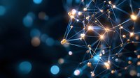 Glowing network connections with illuminated nodes forming abstract digital mesh structure against dark background with blue bokeh lights and copy space.