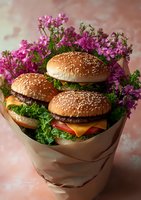 Fresh cheeseburgers with sesame buns, lettuce, tomato and cheese arranged in brown paper wrapper, decorated with pink wildflowers against pink background.