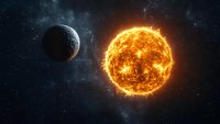 Glowing sun and moon in deep space with stars and nebula, cosmic astronomy scene for educational and scientific content.