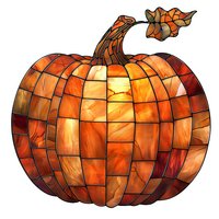 Orange pumpkin with stained glass mosaic pattern and autumn leaf on stem, glowing from within on white background for seasonal decoration.