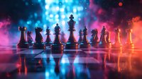 Chess pieces arranged on reflective surface with dramatic neon lighting in blue and pink colors creating mystical atmosphere. Strategic game concept with dark silhouettes.