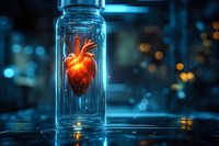 Glowing anatomical heart preserved in glass container against dark blue laboratory background with bokeh lights.