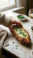 Caucasian hand reaching for a cheesy baked bread boat topped with fresh herbs on a marble surface, with wine and greens nearby.