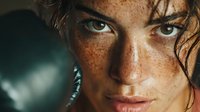 Close-up portrait of young Caucasian woman with freckles and wet curly hair looking directly at camera with intense green eyes and natural beauty.
