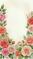 Vintage rose border frame with pink, coral, and peach blooms arranged on cream background. Botanical floral design with green foliage and buds, ideal for wedding invitations, greeting cards, and stationery templates.
