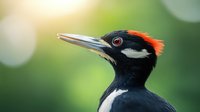 Male Pileated Woodpecker close-up portrait showing distinctive red crest, black feathers and sharp beak against soft green bokeh background, wildlife photography.