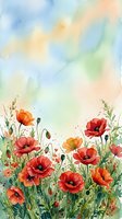 Watercolor poppy flowers meadow with soft pastel sky background for spring greeting cards and botanical wall art prints.