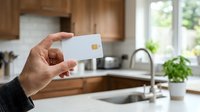 Hand holding blank white card with chip in modern kitchen with wooden cabinets, sink, and potted plant, suitable for payment, banking, and financial service concepts.