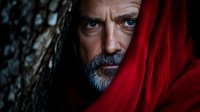 Dramatic portrait of mature bearded man with intense blue eyes partially covered by vibrant red fabric against dark background, creating mysterious atmosphere.