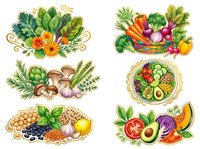 Isolated vegetable and fruit arrangements with fresh produce including leafy greens, peppers, mushrooms, legumes, and citrus on white background for design use.